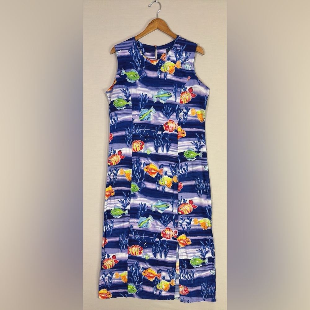 Jams World Fish Print Dress XL Blue Tropical Sleeveless Resort Maxi Luxe